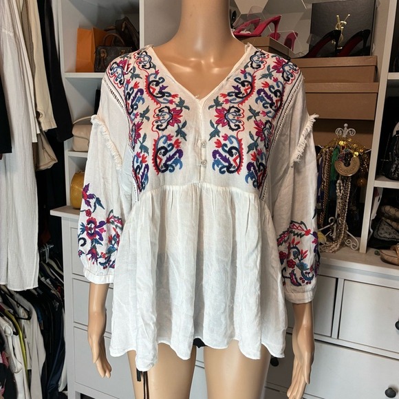 Zara TRF White Embroidered Boho Peasant Babydoll Blouse Top Womens Medium - Picture 6 of 7